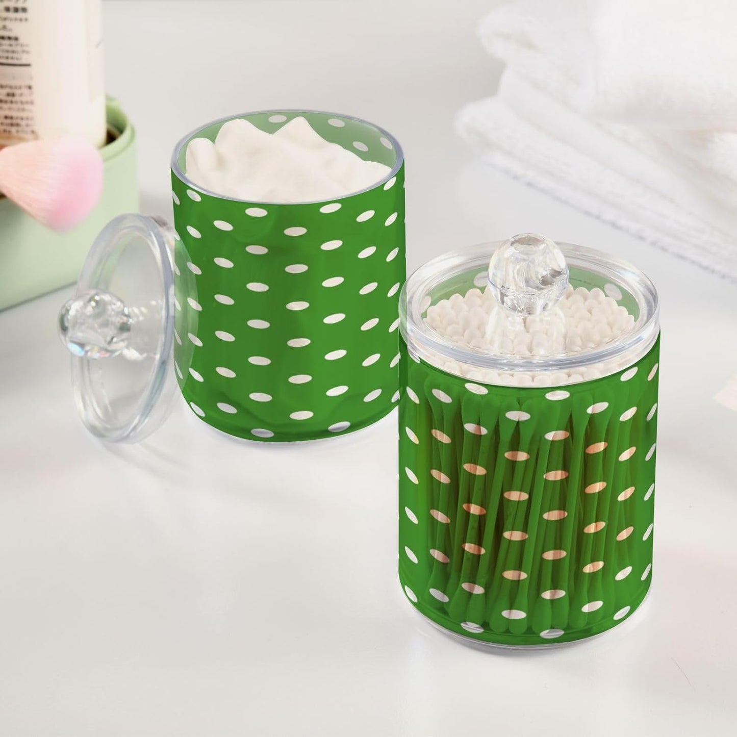 FLildon Green Polka Dot Qtip Holder Dispenser, Bathroom Organizer and Storage Containers, 4Pack Clear Plastic Apothecary Jars with Lids for Cotton Ball, Cotton Swab, Floss