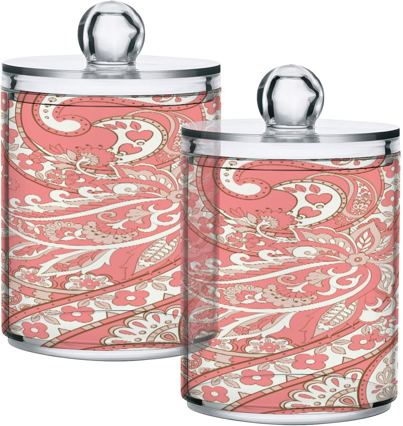 YETTASBIN Pink Damask Clear Plastic Apothecary Jars 4 Pack, 14 oz Qtip Holder Dispenser with Lid, Clear Bathroom Storage Canister for Cotton Ball, Cotton Swab