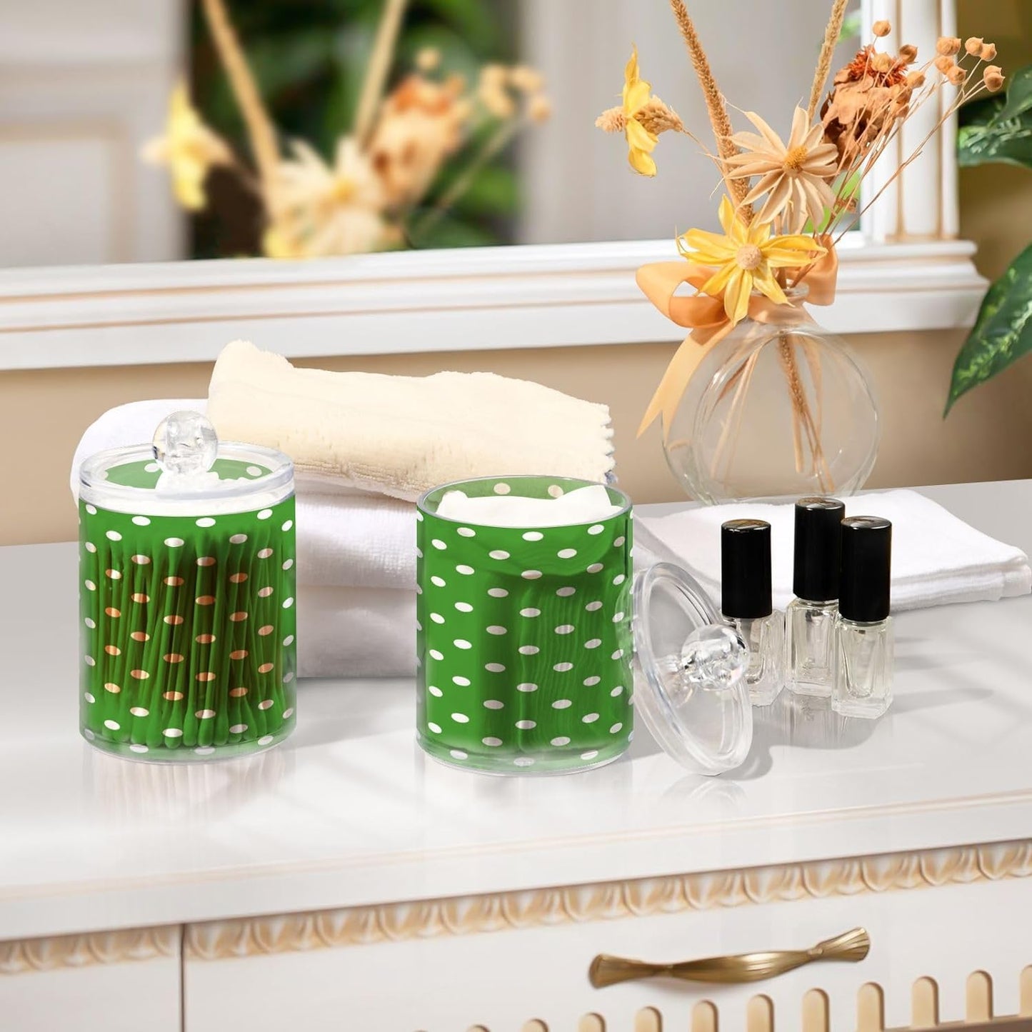 FLildon Green Polka Dot Qtip Holder Dispenser, Bathroom Organizer and Storage Containers, 4Pack Clear Plastic Apothecary Jars with Lids for Cotton Ball, Cotton Swab, Floss